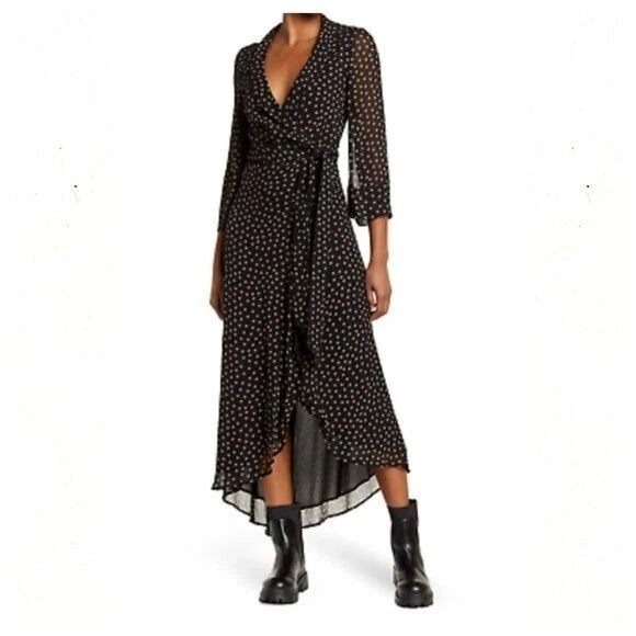 Ganni Dresses & Skirts - Ganni Georgette Wrap Maxi Dress Women's Size 38 Black White Polka Dot 3/4 Sleeve